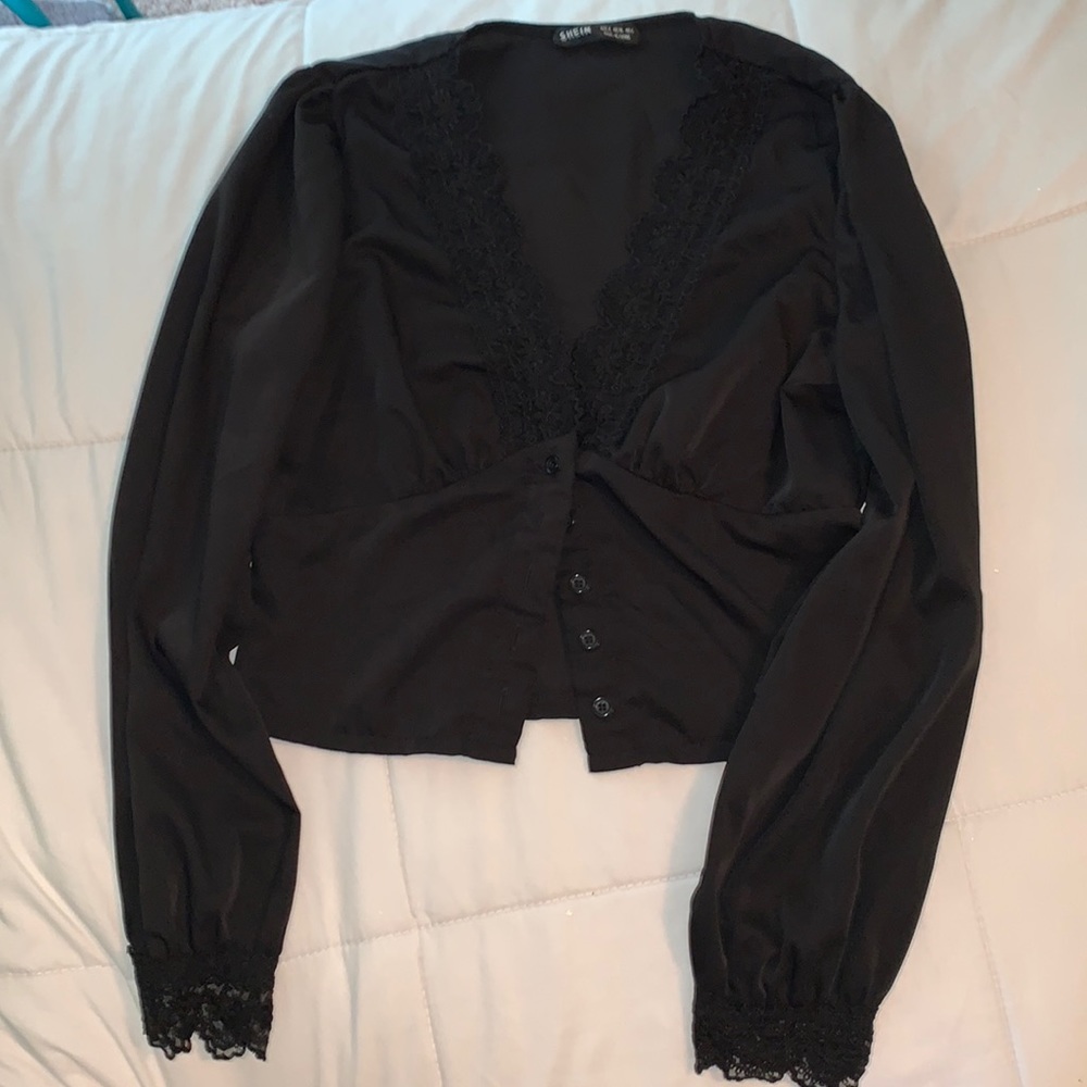 Black formal long sleeve with lace on cuffs and down the V-neck with 5 buttons